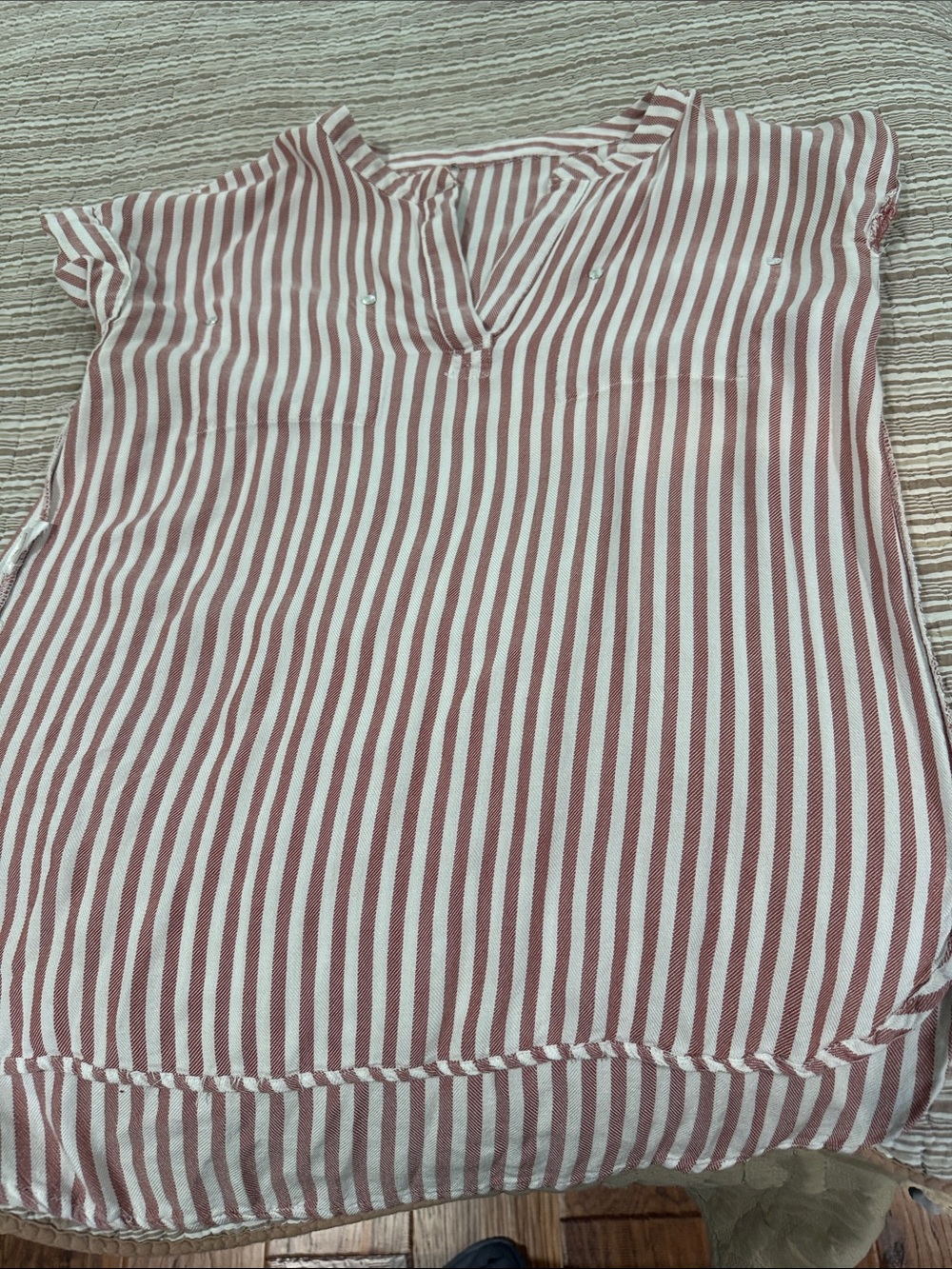 Striped V-Neck Cap Sleeve Top - Dusty Rose/White